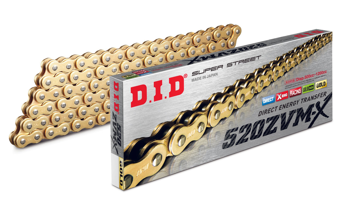 D.I.D Mootorratta kett 520ZVMXG&G-100, samm 520, 100 lüli, X-rõngastega, kuldne, avatud