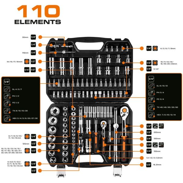 NEO Tools Padrunikomplekt 1/4, 1/2, 110 osa, CRV