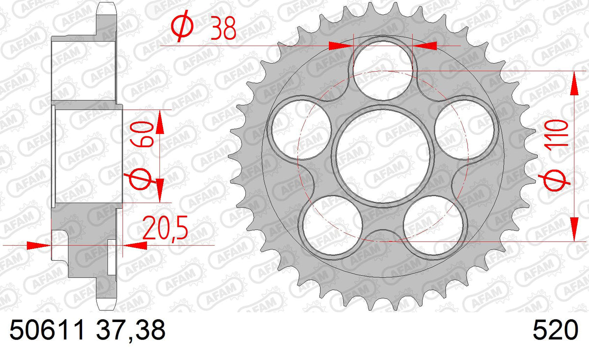AFAM Tagumine hammasratas 50611-38, 38z, samm 520, teras