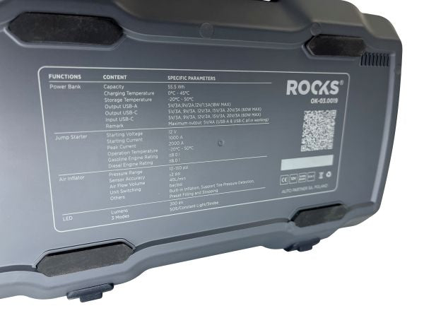 ROOKS Booster käivitusseade kompressoriga 12V 1000/2000 A 10 BAR 55,5 Wh