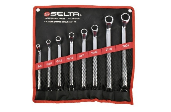 SELTA Kõverate silmusvõtmete komplekt kotis, 8 osa, 8x9-22x24 mm