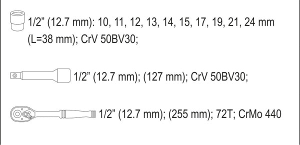 YATO Tööriistakomplekt 1/2, 12 osa