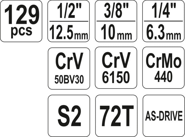 YATO Tööriistakomplekt 1/4, 3/8, 1/2 komplekt 129 osa