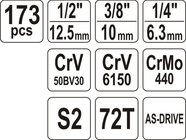 YATO Tööriistakomplekt 1/4, 3/8, 1/2 komplekt 173 osa