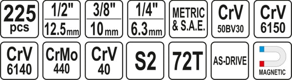 YATO Tööriistakomplekt 1/4, 3/8, 1/2 komplekt 225 osa