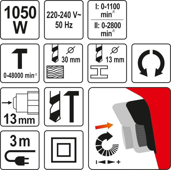 YATO Kahekäiguline lööktrell 230 V, 1050 W, 0-2800 p/min