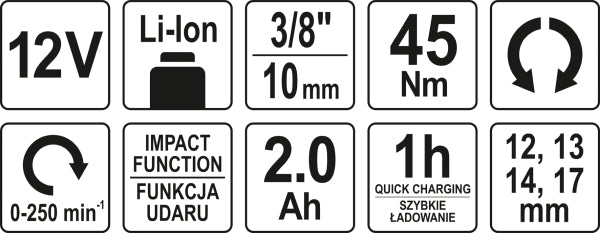 YATO Löökräikvõti 12 V, 3/8-1/2, 45 Nm, komplekt: aku 2 Ah, laadija, padrunid ja adapter