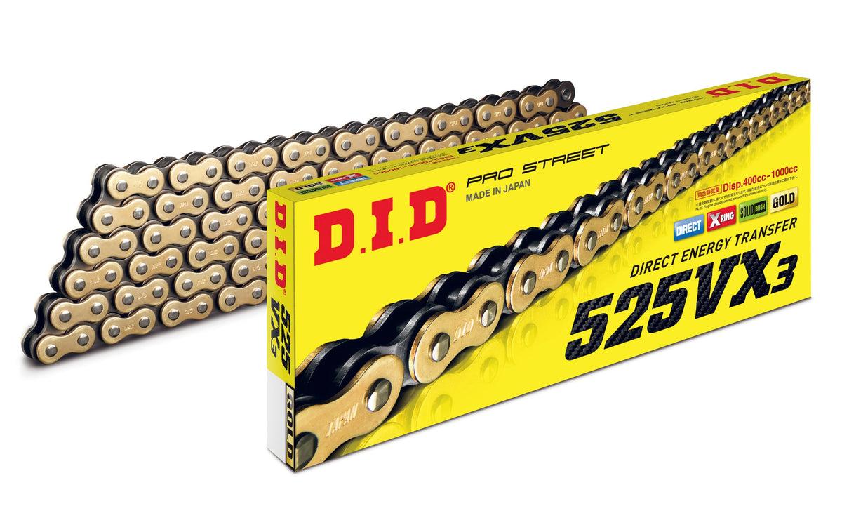 D.I.D Mootorratta kett 525VX3G&B-116LE, samm 525, 116 lüli, X-rõngastega, kuldne/must, suletud