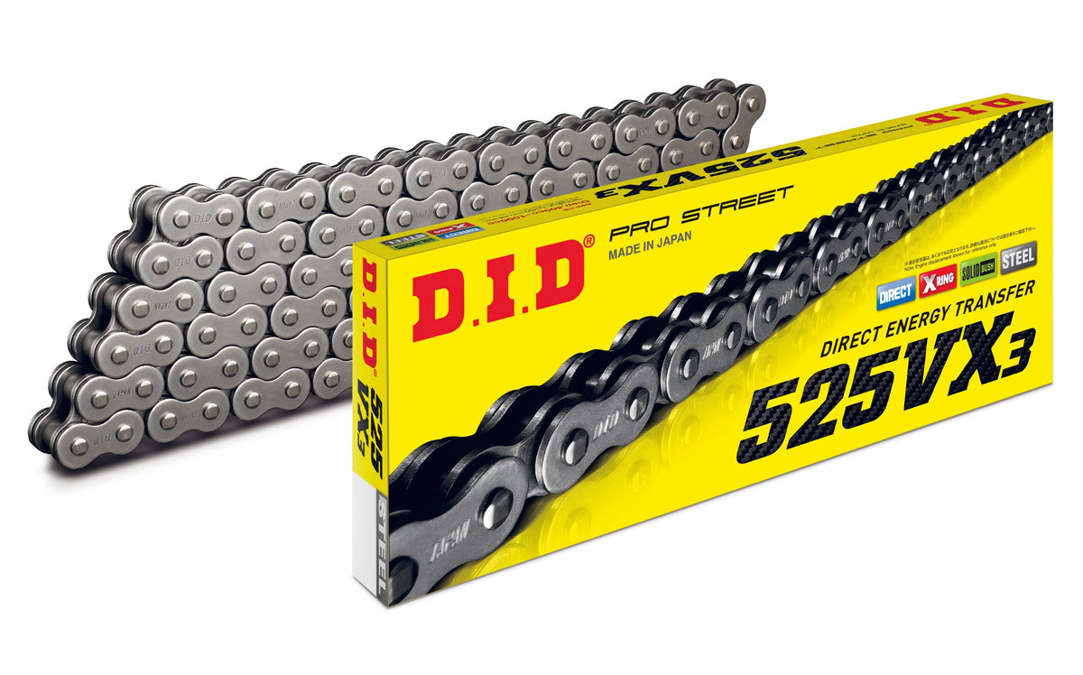 D.I.D Mootorratta kett 525VX3-124, samm 525, 124 lüli, X-rõngastega, avatud