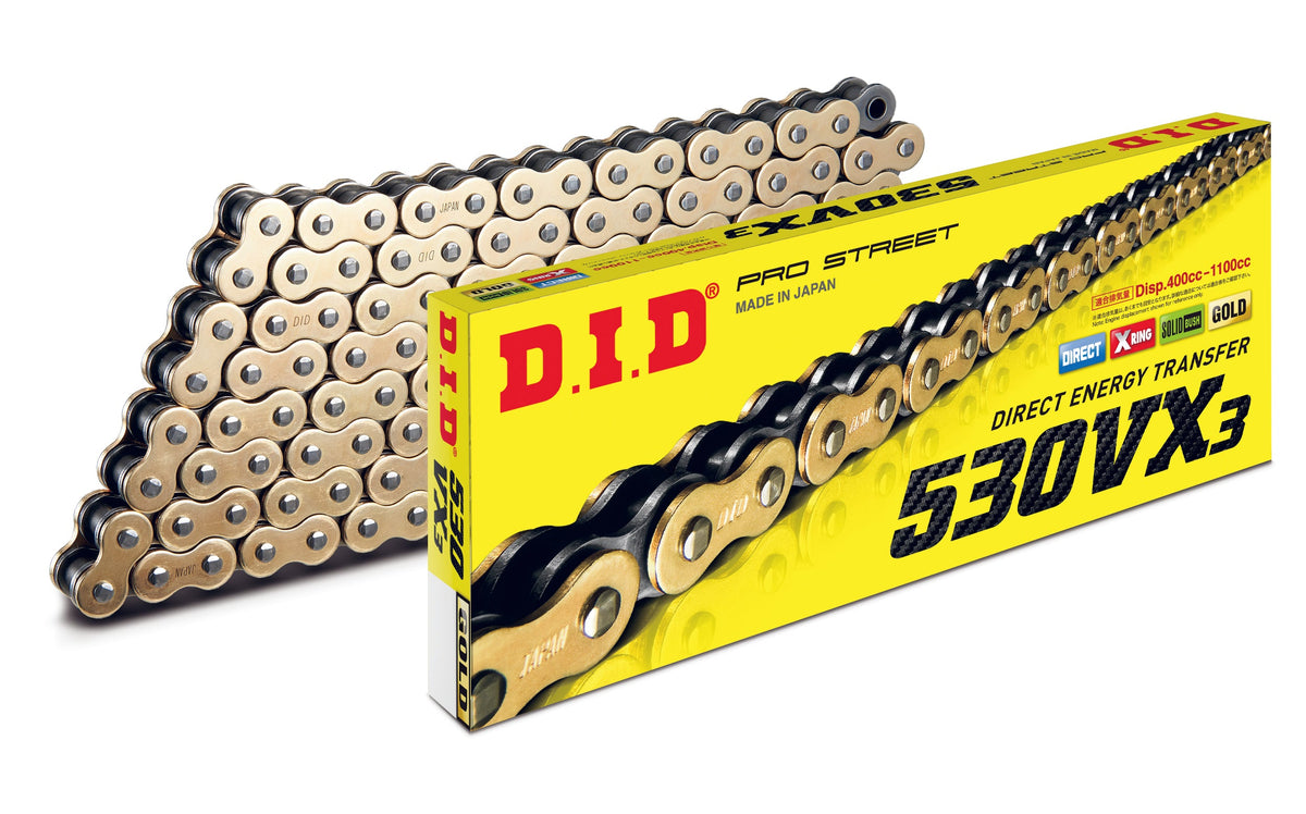 D.I.D Mootorratta kett 530VX3G&B-104, samm 530, 104 lüli, X-rõngastega, kuldne/must, avatud