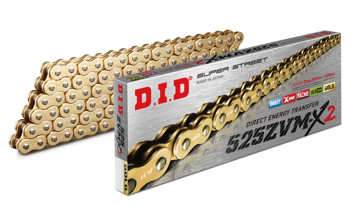 D.I.D Mootorratta kett 525ZVMX2G&G-120, samm 525, 120 lüli, X-rõngastega, kuldne, avatud