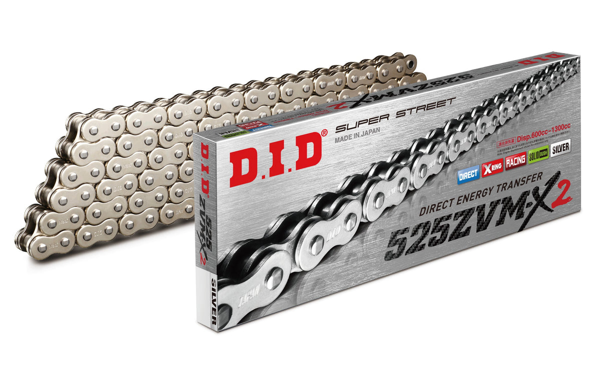 D.I.D Mootorratta kett 525ZVMX2S&S-116, samm 525, 116 lüli, X-rõngastega, hõbedane, avatud
