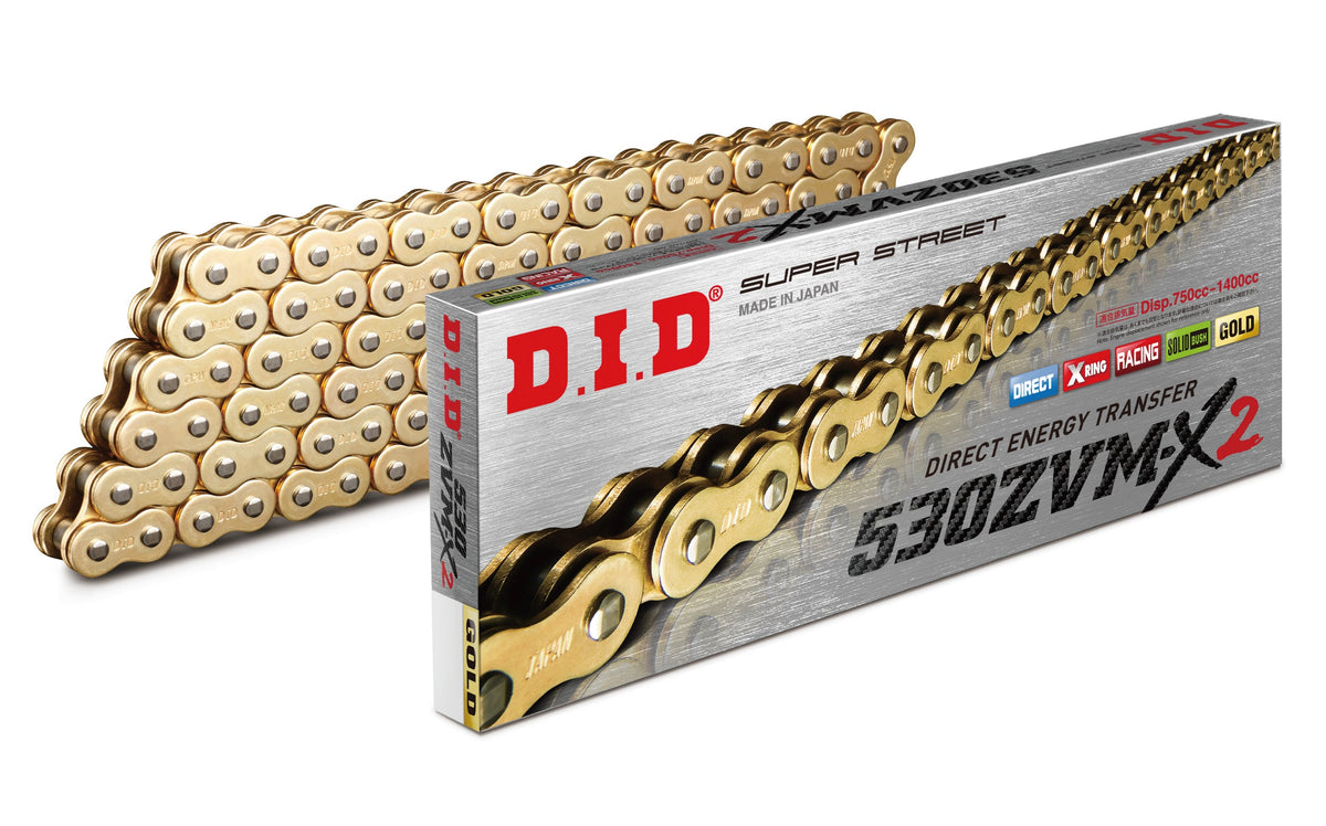 D.I.D Mootorratta kett 530ZVMX2G&G-116LE, samm 530, 116 lüli, X-rõngastega, kuldne, suletud