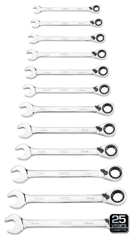 NEO Tools Räikmehhanismi ja lülitiga leht-silmusvõtmed, 12 osa, 8-19 mm, pehme kott