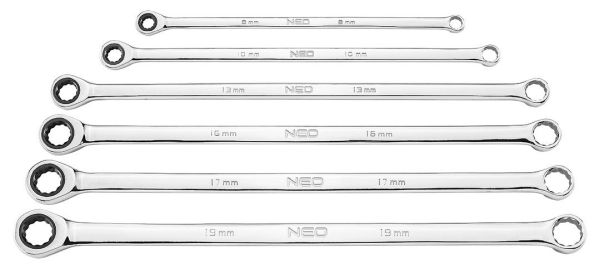 NEO Tools Räikmehhanismiga pikad silmusvõtmed, 6 osa, 8-19 mm, pehme kott