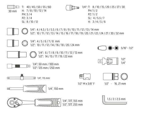 NEO Tools Võtmekomplekt 110 osa 1/2, 1/4, satiinne