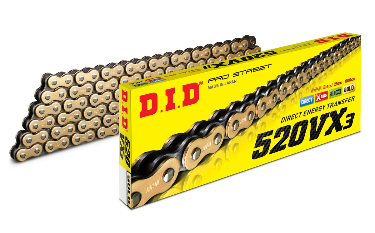 D.I.D Mootorratta kett 520VX3G&B-110LE, samm 520, 110 lüli, X-rõngastega, kuldne/must, suletud