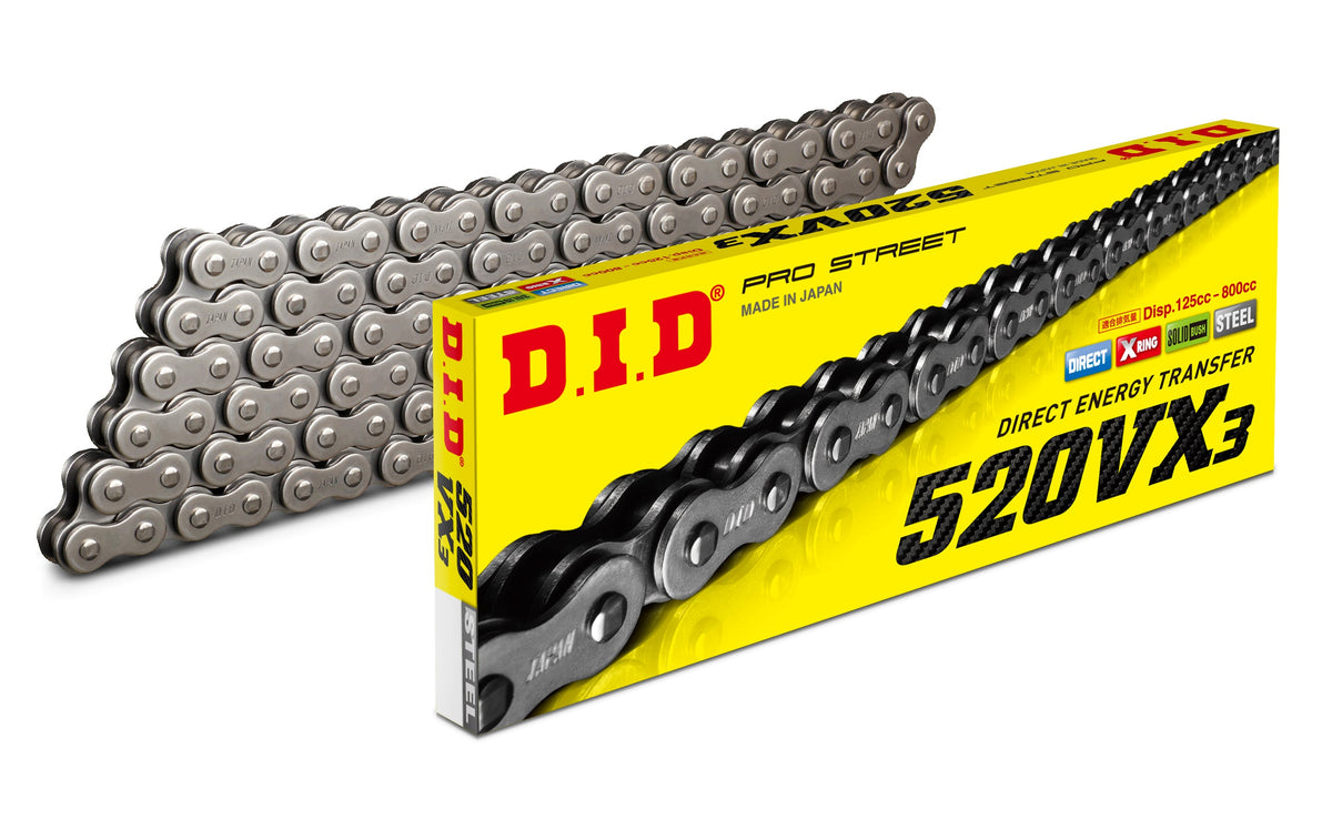 D.I.D Mootorratta kett 520VX3-110ZB, samm 520, 110 lüli, X-rõngastega, avatud