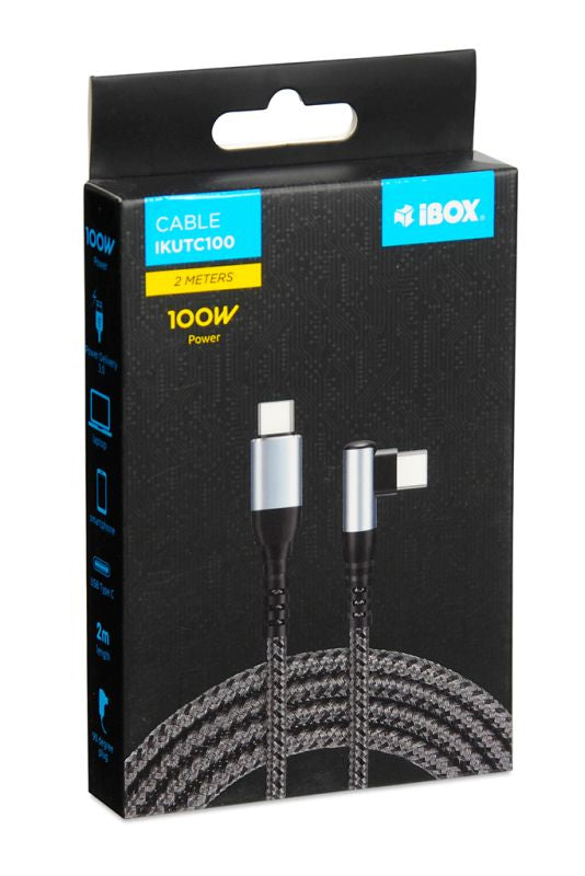 iBOX Laadimiskaabel USB-C - USB-C, 100 W, 2 m, 90-kraadise pistikuga, must
