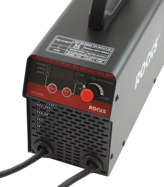 ROOKS Inverter-akulaadija käivitusfunktsiooniga START 12 / 24 V 80 A 600 A 800 Ah LCD, kaablid 2,1 m