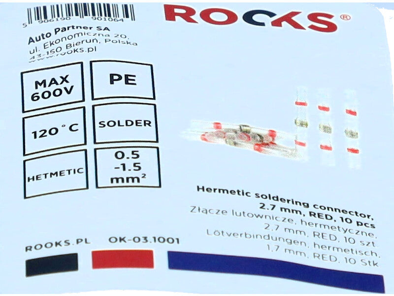 ROOKS Hermeetiline joodisühendus 2,7 mm RED 10 tk