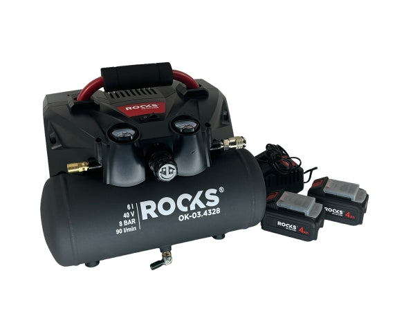 ROOKS 20V AQ-ONE kompressor 6l 1 hj 8 BAR 36 V, kompl. 2 x 4 Ah akuga