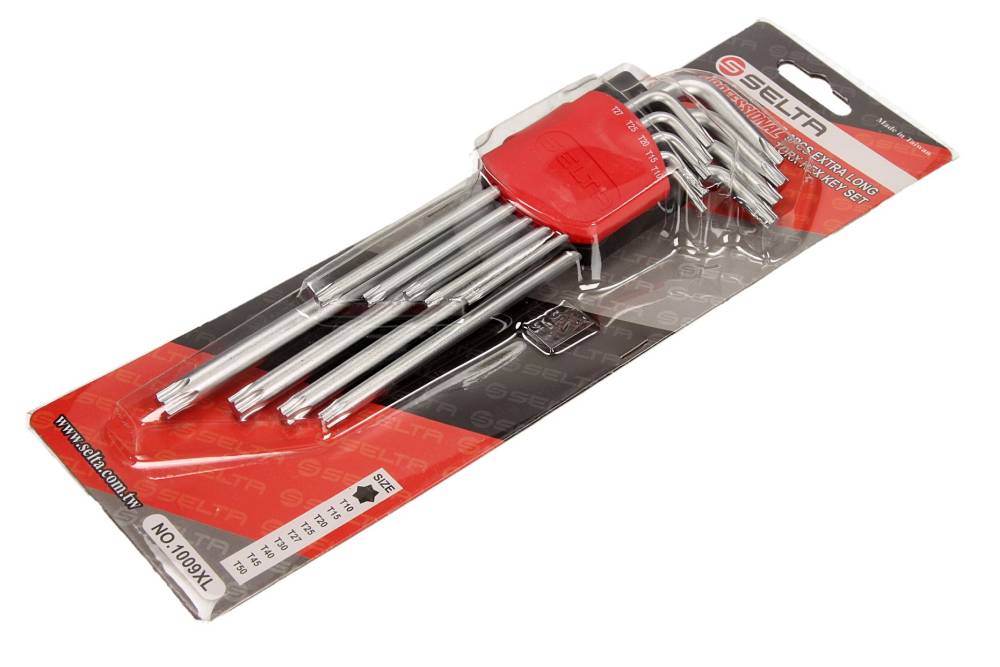 SELTA Eriti pikkade Torx Security võtmete komplekt hoidikus, 9 osa, TS10-TS50