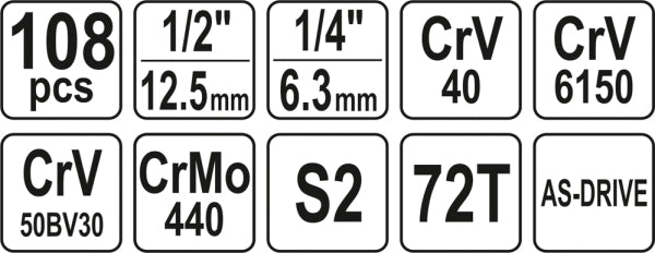 YATO Tööriistakomplekt 1/4 ja 1/2 komplekt 108 osa