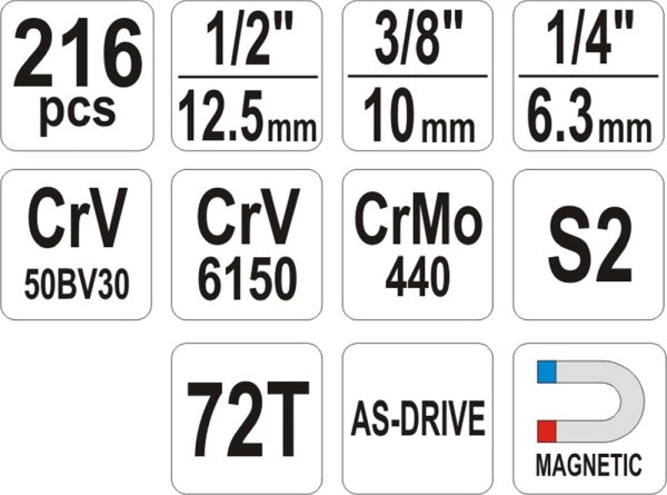 YATO Tööriistakomplekt 1/4, 3/8, 1/2, 216 osa, XXL