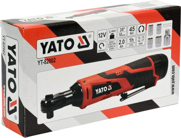 YATO Löökräikvõti 12 V, 3/8-1/2, 45 Nm, komplekt: aku 2 Ah, laadija, padrunid ja adapter